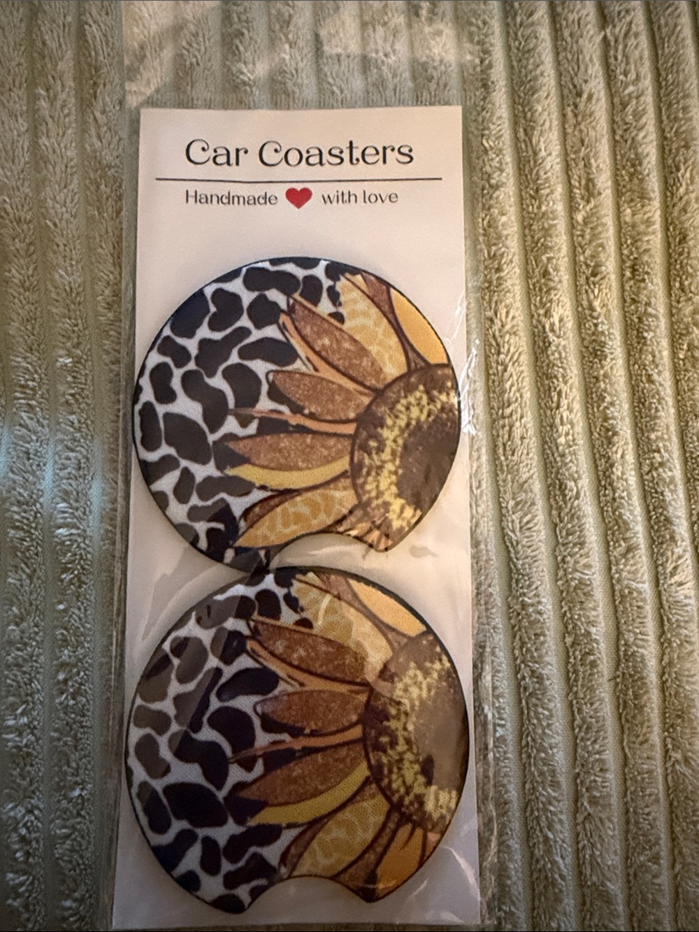Sunflower Cow Print Car Coasters, NEW!